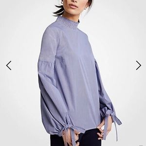 STRIPE POPLIN SMOCK NECK LANTERN TIE SLEEVE TOP